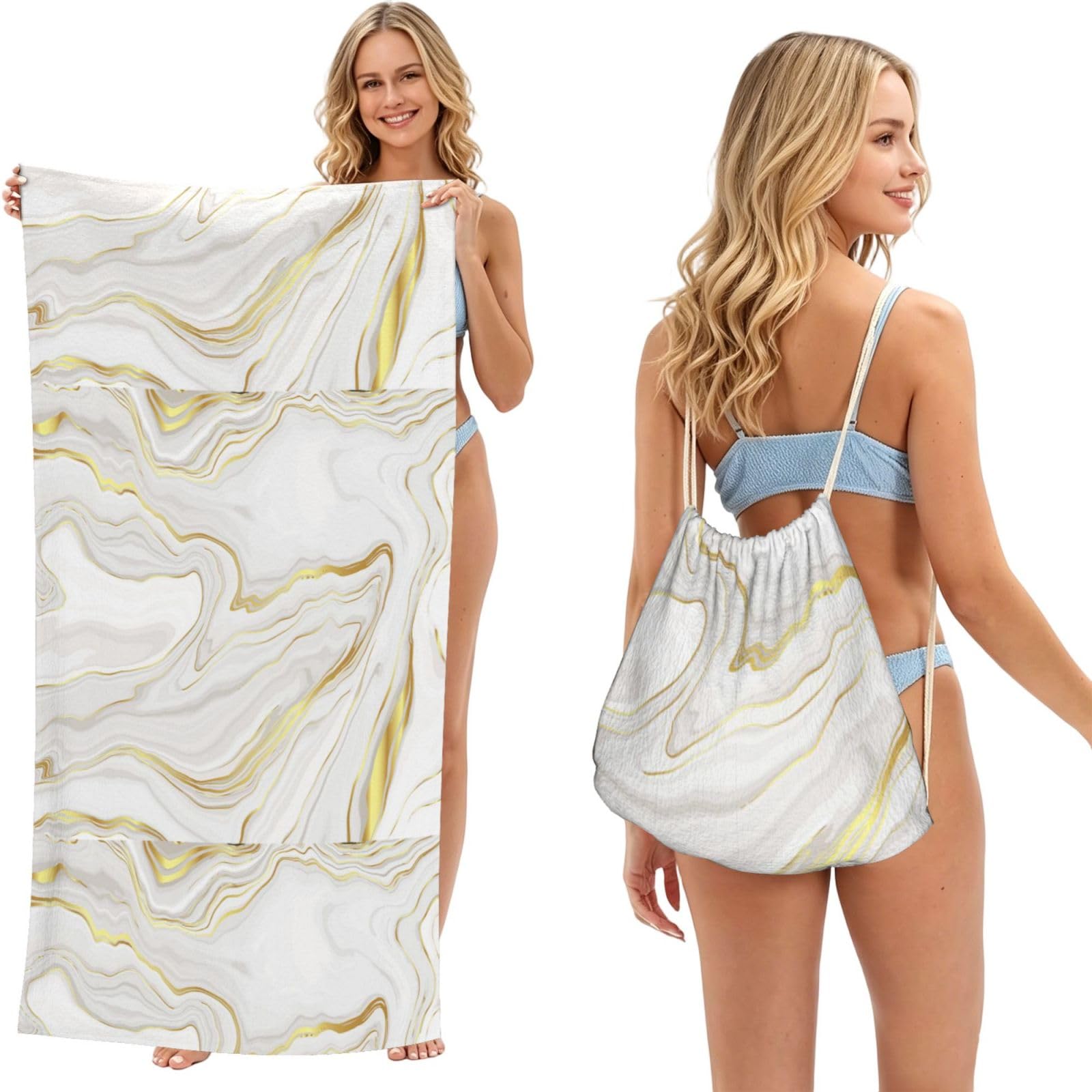 Poadnly As Picture Marble White, 2 In 1 Packable Towel Bag, Beach Towels With Drawstring Backpack For Travel Holiday Camping