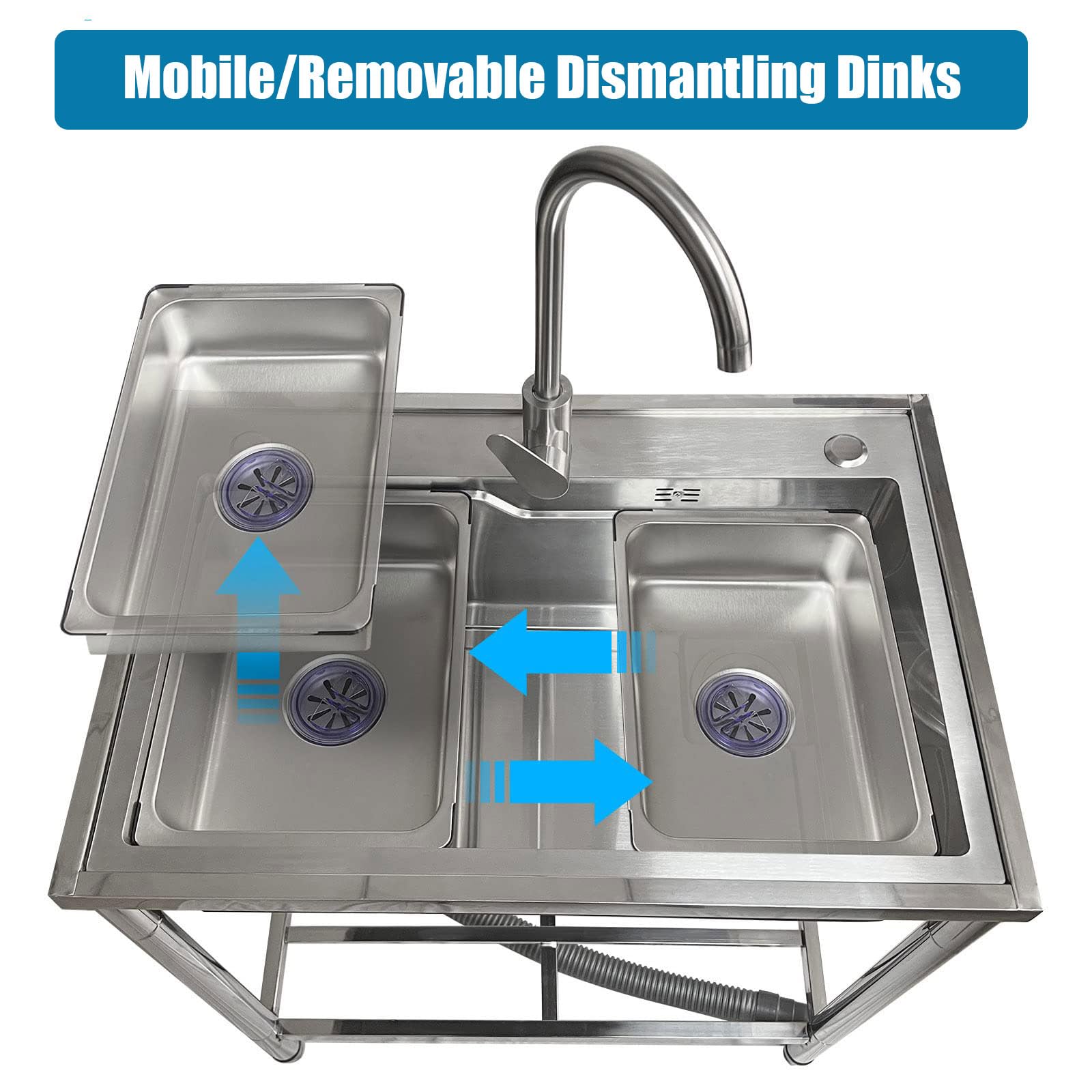 Freistehendes Einzelbecken für die gewerbliche Restaurantküche mit mobilem Innenbecken und Ablagefläche, Edelstahl-Wasserhahn für Warm- und Kaltwasser