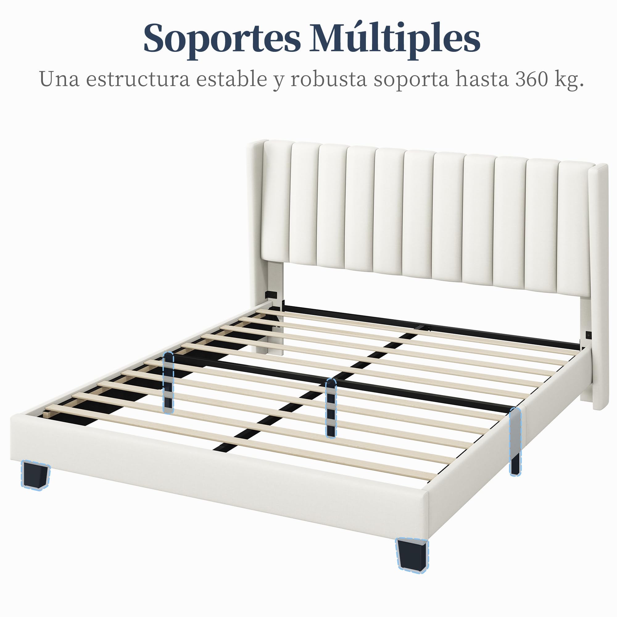 Cama tapizada 160 x 200 cm Cabecero a Rayas con Alas Láminas de Madera y Metal Beige