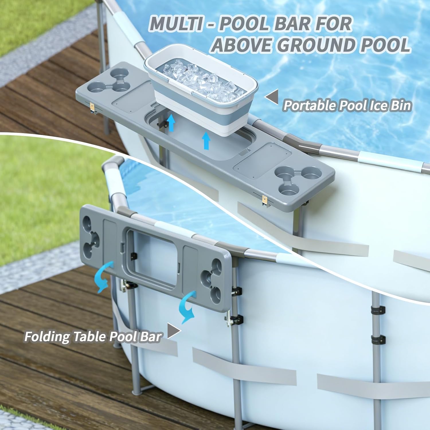 Pool Bar for Above Ground Pool - Poolside Bar with 6 Cup Holders & Ice Bin, 47.2"×11.8" Foldable Above Ground Pool Bar Table, Portable Swim Up Bar, Frame Above Ground Round Swimming Pools Accessories