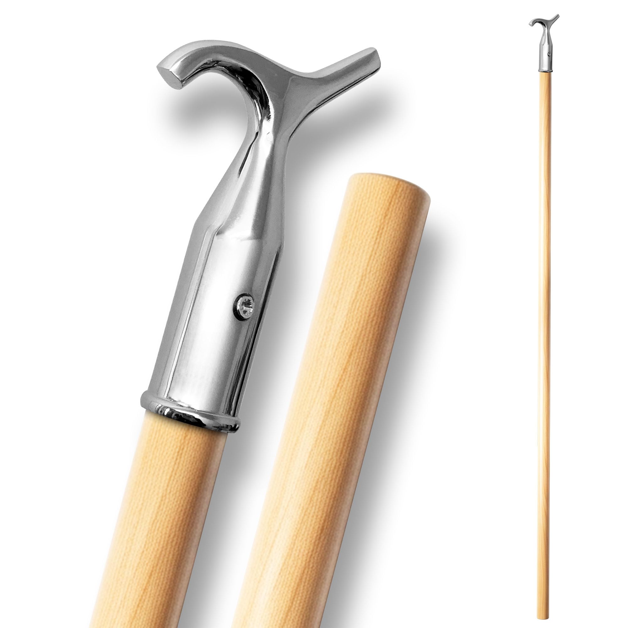 Window Pole Opener and Loft Ladder Pole with Hook | 118cm Smooth Wooden Window Opener Rod with Chrome Pole Hook Suitable for Sash or Velux Windows, Attic, Loft Hatch, and Blinds