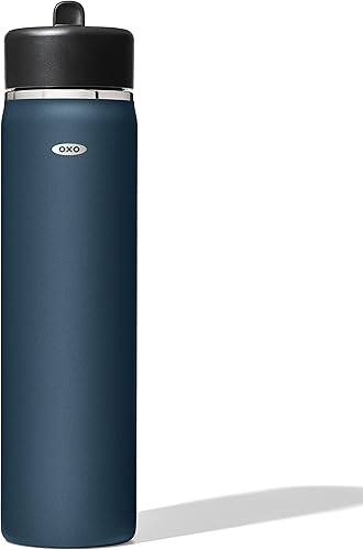 OXO Botella de agua de boca ancha de cobalto oscuro de 24 onzas con tapa con popote
