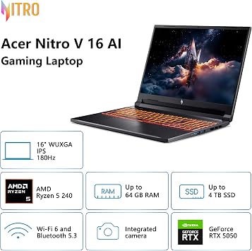 acer Nitro V 16 AI Gaming Laptop | 16 WUXGA IPS 180Hz | AMD 6-Core Ryzen 5 240 | 32GB DDR5 2TB SSD | GeForce RTX 5050 8GB DLSS4 (Up to 440 AI Tops) | Backlit Keyboard Win 11 Pro w/DLCA Accessory