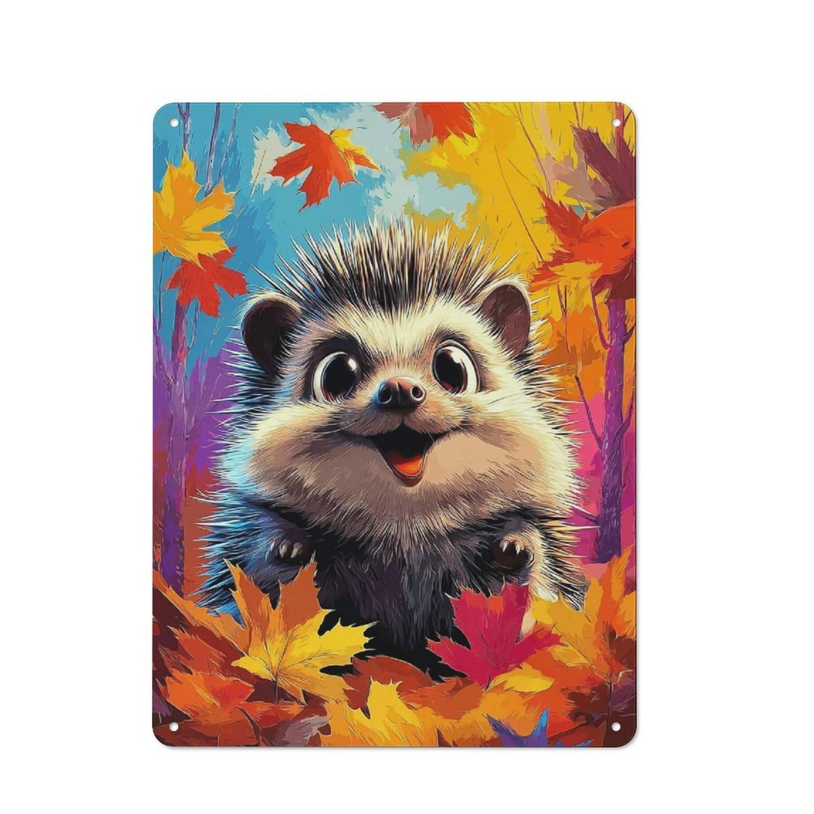 Tin Sign 40x30cm with Autumn Hedgehog Adventure for Garage Wall, Rustic Decor, for Living Room, Hallway And Entrance Wall Decor