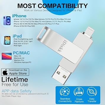 iDiskk 128GB iPhone/iPad Flash Drive - MFi Certified Lightning Port, USB 3.0, 1.5MB/s Read, 80MB/s Write, One-Click Backup, Silver | Appl-e Approved lightning USB Memory Stick to Auto backup Videos/Photos/Files for iPhone/PC,App Encryption iPhone Storage