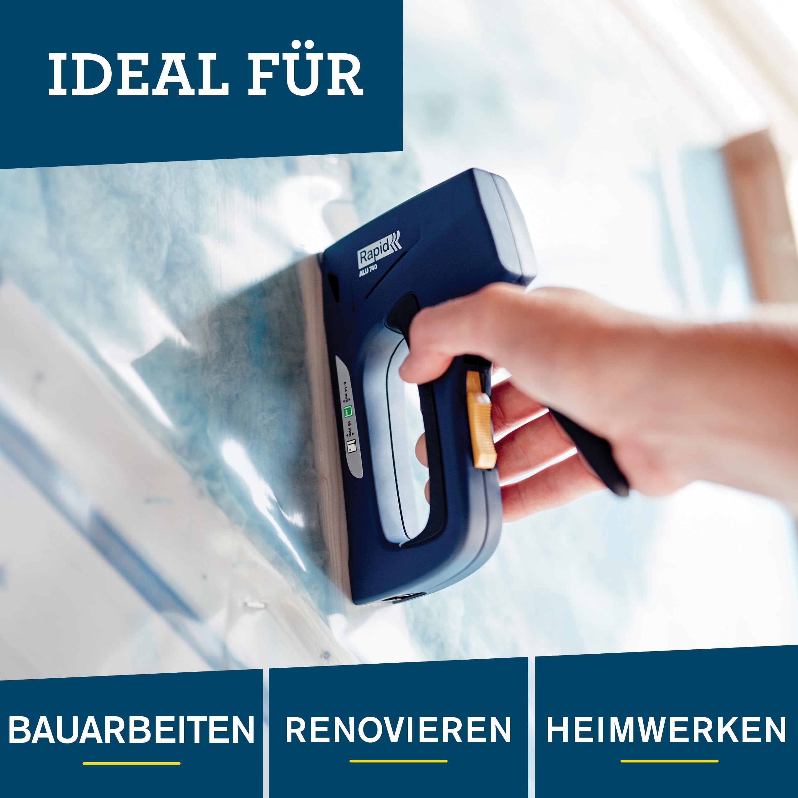 Rapid Handtacker ALU740 aus Aluminium für Typ 140 Klammern & Typ 8 Nägel | Für Holz & Folien; Typ 140 (6-14 mm); Typ 8 (15 mm); robustes Aluminiumgehäuse; 2-Stufen-Schlagkraftregelung; rückschlagfrei