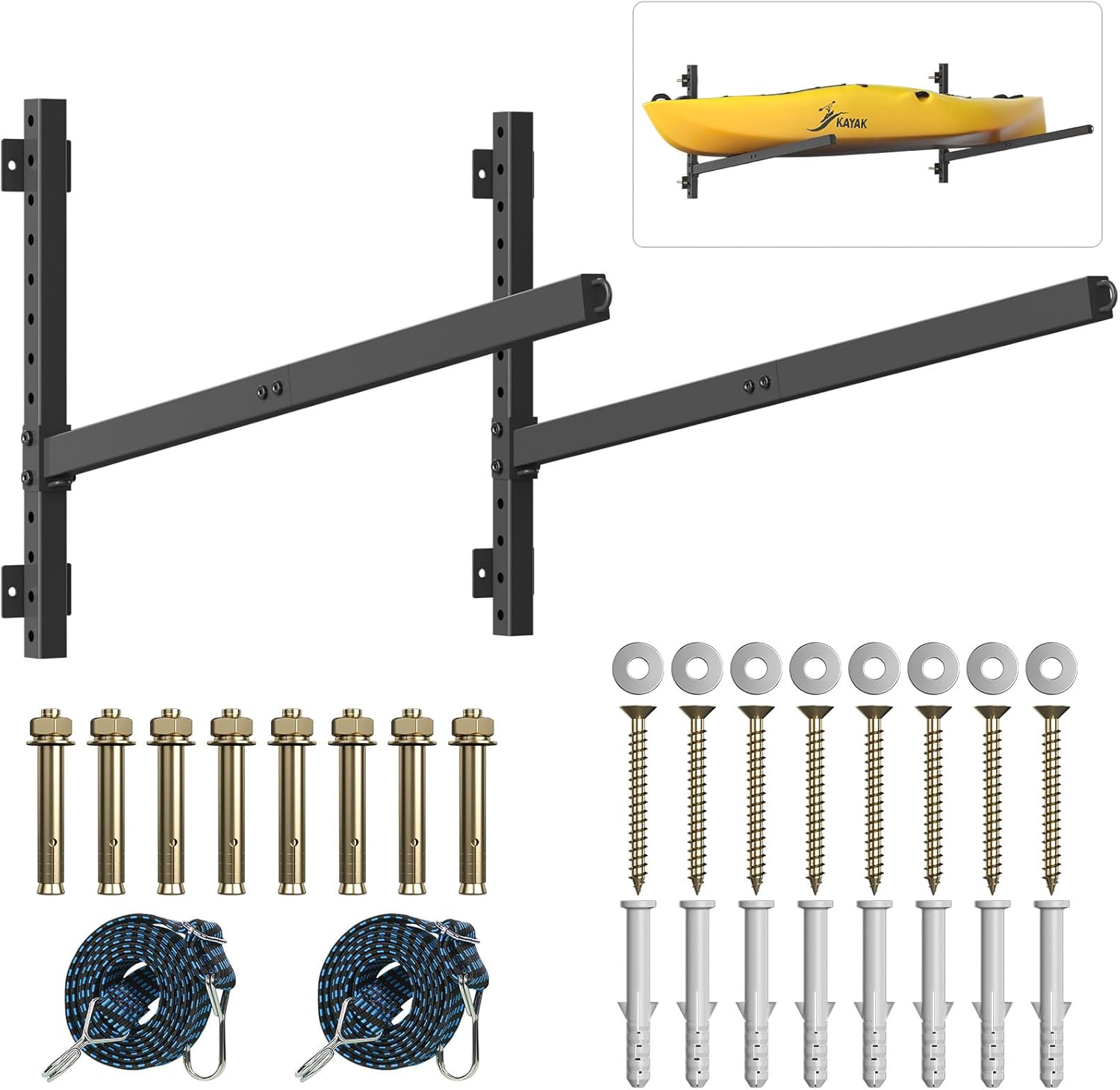 Kayak Storage Rack Heavy Duty, Adjustable Wall Mount Hanger for Indoor Garage & Outdoor Storage, Storage Rack for Kayak, Canoe, Surfboard & Paddle Board (Kayak Storage Rack Wall Mount 1)