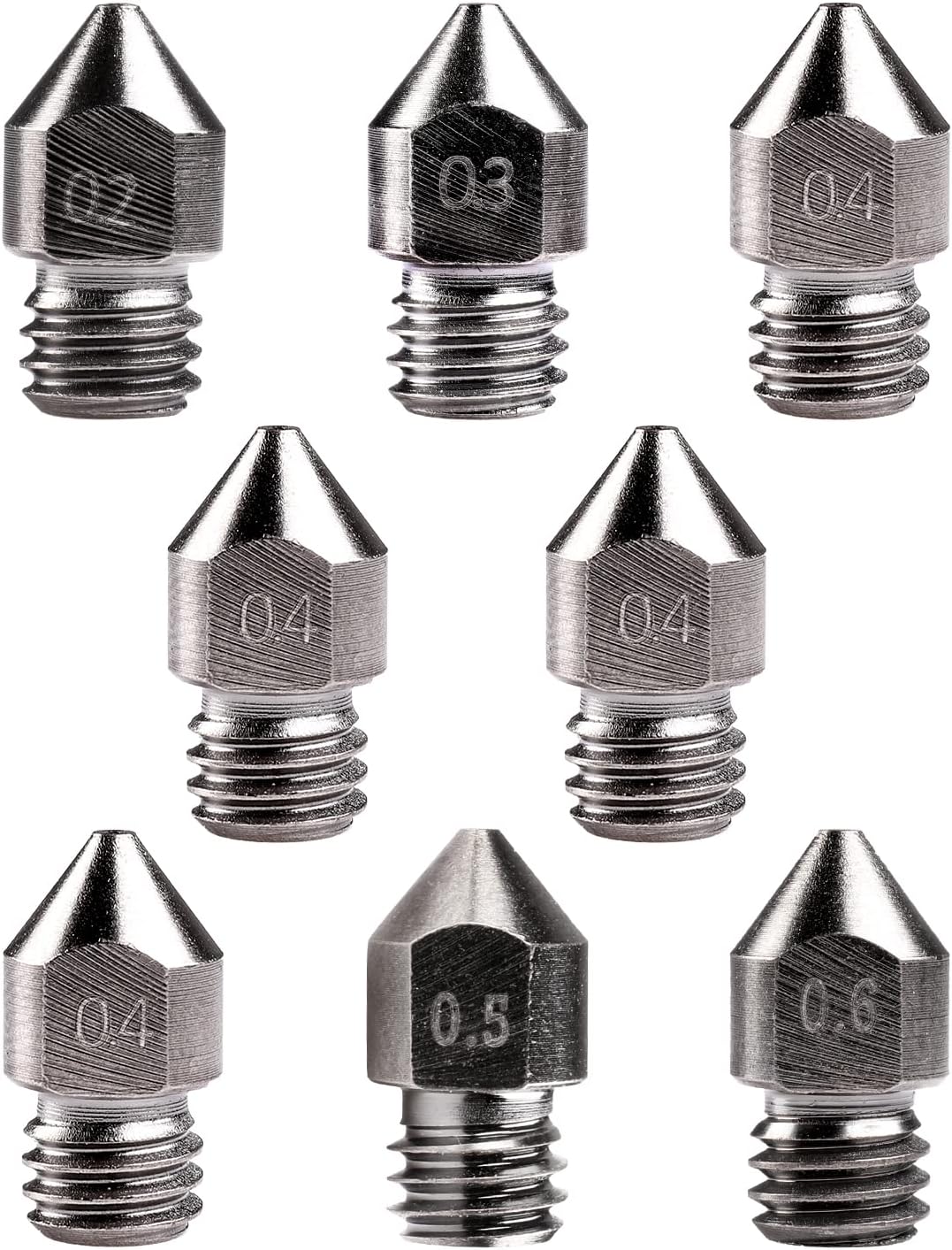 Creality 8 PCS 3D Printer Hardened Steel MK8 Nozzles, Upgraded Tungsten All Metal Extruder Nozzles 0.2mm, 0.3mm, 0.4mm, 0.5mm, 0.6mm for Creality Ender 3/ 3 V2/ 3 pro CR-10 : Industrial & Scientific