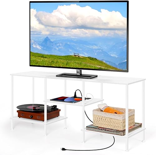 Miniatura 8 de Soporte de TV blanco para dormitorio con tomas de corriente, pequeño centro de entretenimiento con estantes de almacenamiento abiertos para