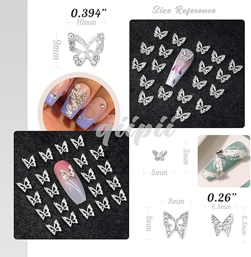 Miniatura 4 de Dijes para uñas de mariposa plateada, 40 dijes 3D para uñas acrílicas, 20 gemas de diamantes de imitación de mariposas + 20 tachuelas de aleación,