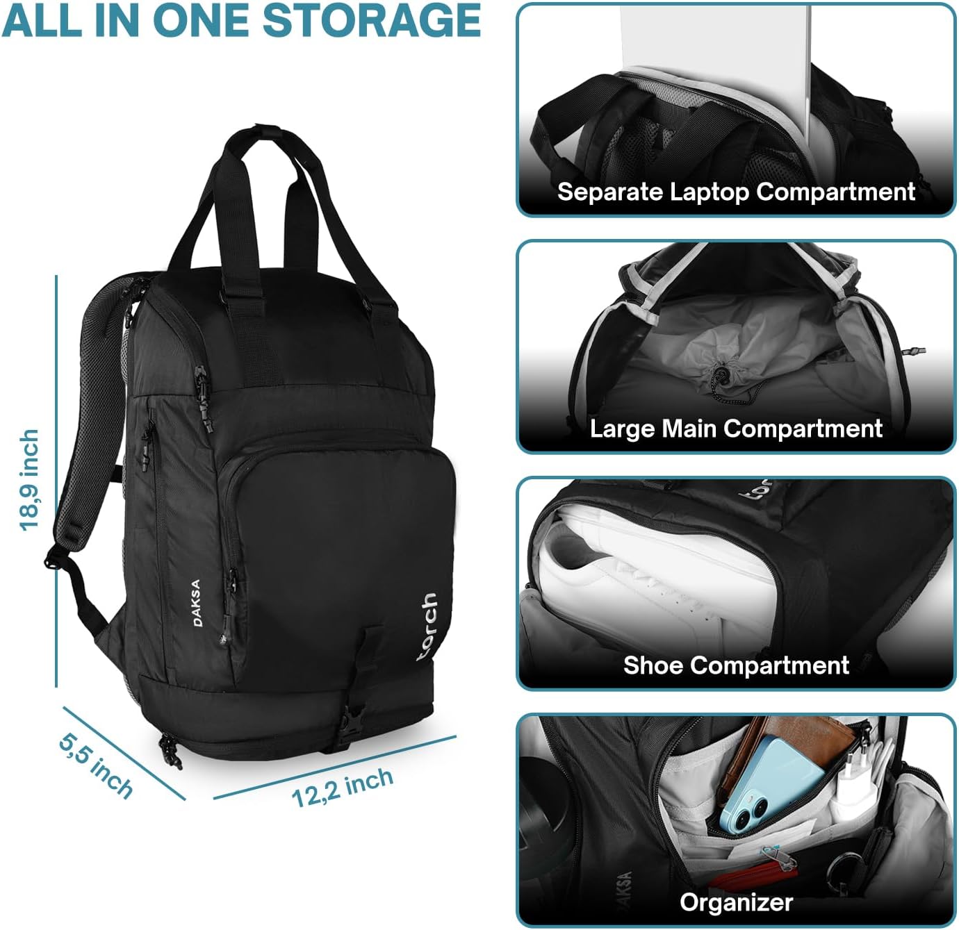 torch Laptop Backpack for Men & Women – Carry On Backpack 27L with 16-Inch Laptop Compartment, Shoe Compartment, and Anti-Sweat Back Panel, Casual Totepack for Work, Travel, and Everyday Use (Daksa)