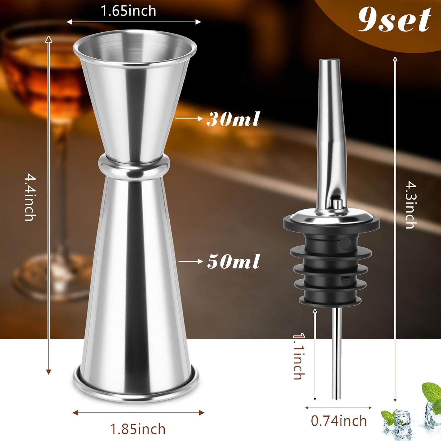 18 Pcs Jigger for Bartending 9pcs Stainless Double Cocktail Jigger 1 oz 2 oz with 9 Pourers Shot Measure Jiggers Bartender Tool Accessories Bar Supplies
