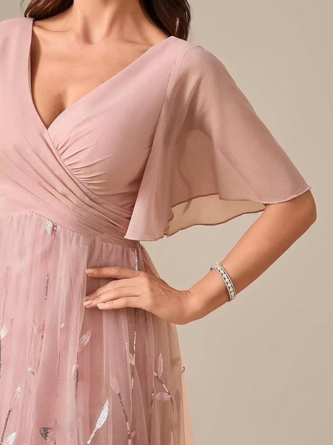 Mollyevers V Neck Mother of The Bride Dresses with Sleeves Floral Sequin Formal Dress Empire Waist Wedding Guest Dress