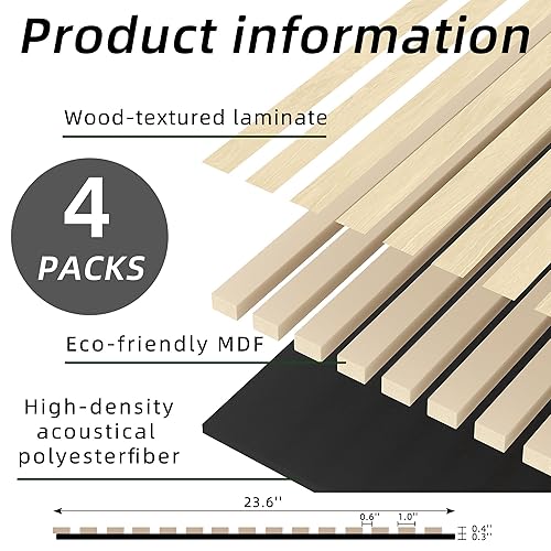 Miniatura 2 de Casaphoria Paneles de pared acústicos, 4 piezas de 23.6 x 23.6 pulgadas, paneles de pared 3D insonorizados, paneles de pared de listones de madera