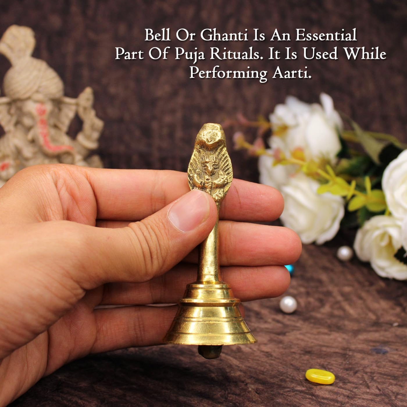BOXO Ghanti Brass Temple Bell Home Hand Bell with Garuda for Home/Temple/Pooja Use Golden -1pcs
