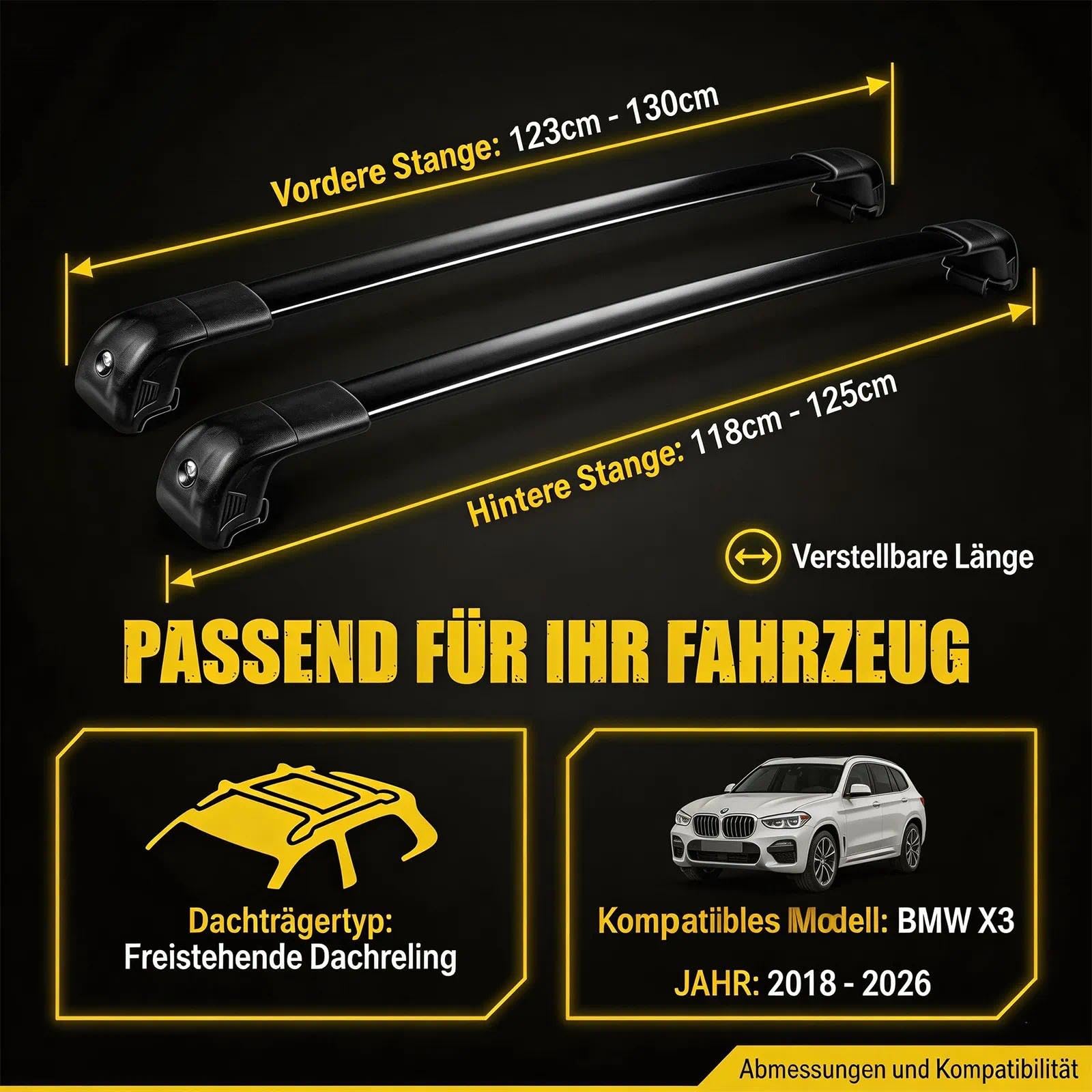 MIKKUPPA Premium Dachträger Querträger kompatibel mit BMW X3 G01 2018-2026 | 6063 Aluminium & PA6+30GF | Hohe Traglast für Dachbox & Fahrradträger