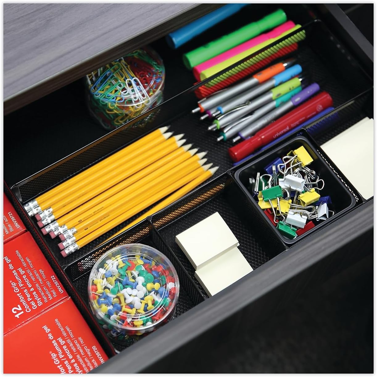 Universal UNV20021 15 in. x 11.88 in. x 2.5 in. 6 Compartments Metal Mesh Drawer Organizer - Black