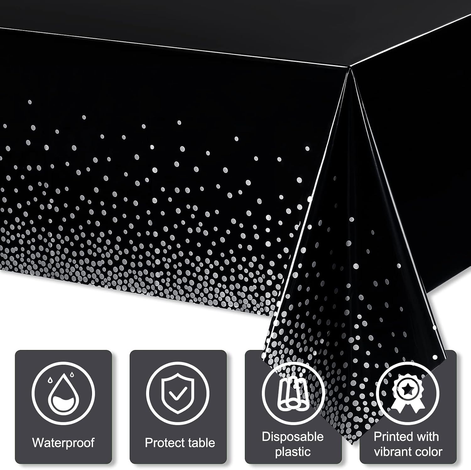 Breling 3 Pieces Dot Tablecloth Confetti Rectangle Plastic Disposable Table Cover for Birthday Wedding Baby Shower Engagement Anniversary Bachelorette Party, 54 x 108 Inch (Black and Silver)