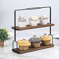 Vista 2 de MyGift Soporte rústico de 2 niveles para servir postres para cupcakes, madera marrón quemada y metal negro mate rectangular estante de exhibición