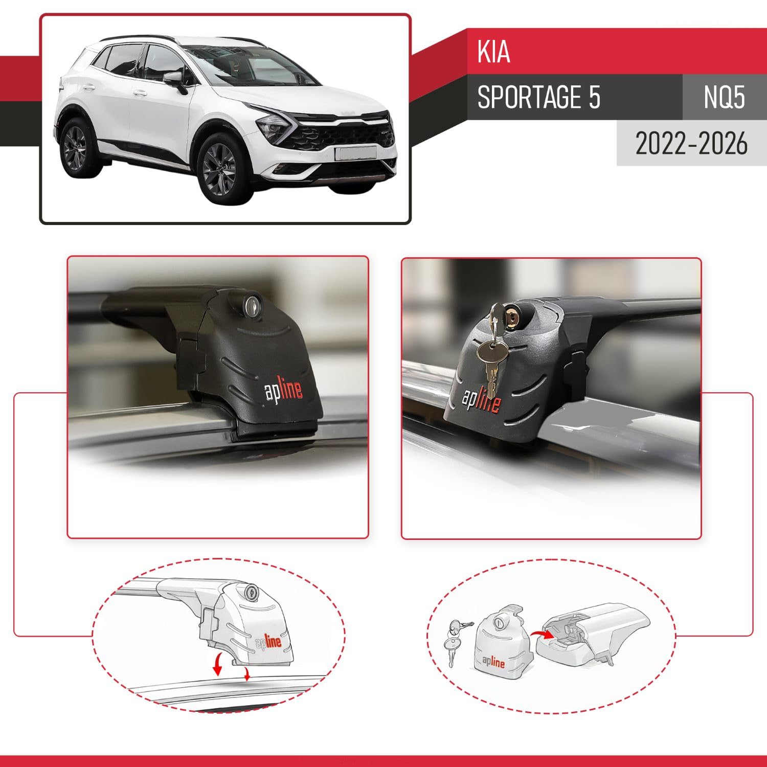 Kompatybilny z Kia Sportage 5 (NQ5) 2022-2026 (No-Sunroof) Model Ace-2 Auto Bagażnik Bagażnik Bagażnik Czarny Aluminium 2 Pręty