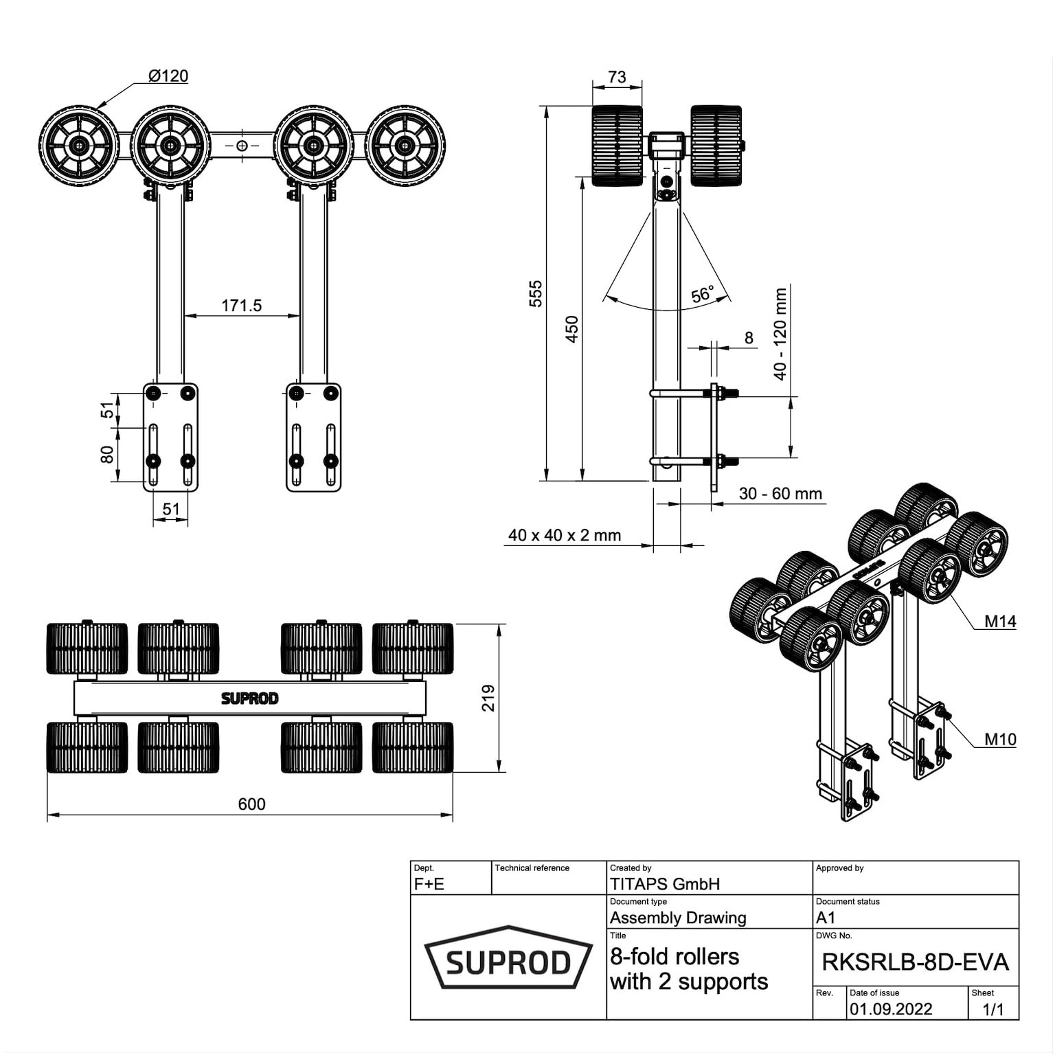 SUPROD 8er Sliprollen mit 2 Stützen Sliphilfe Bootstrailer Eva RKSRLB-8D-EVA, Ø 120 mm