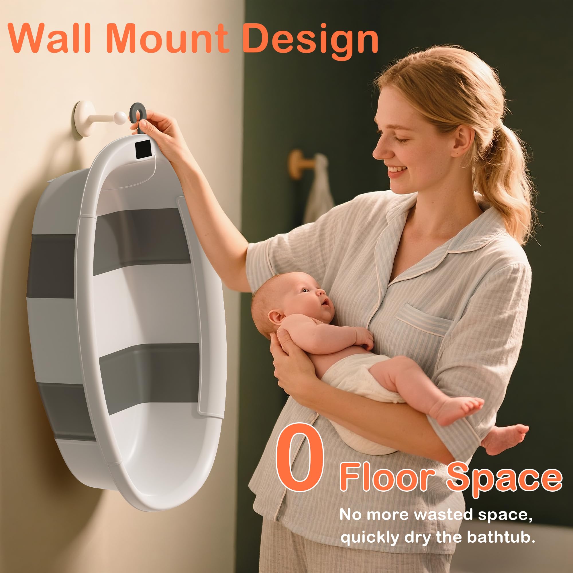 Bañera plegable para bebé, bañera grande con termómetro y cojín, bañera portátil de viaje para recién nacidos, bañera plegable para bebés de 0 a 36 meses (gris)