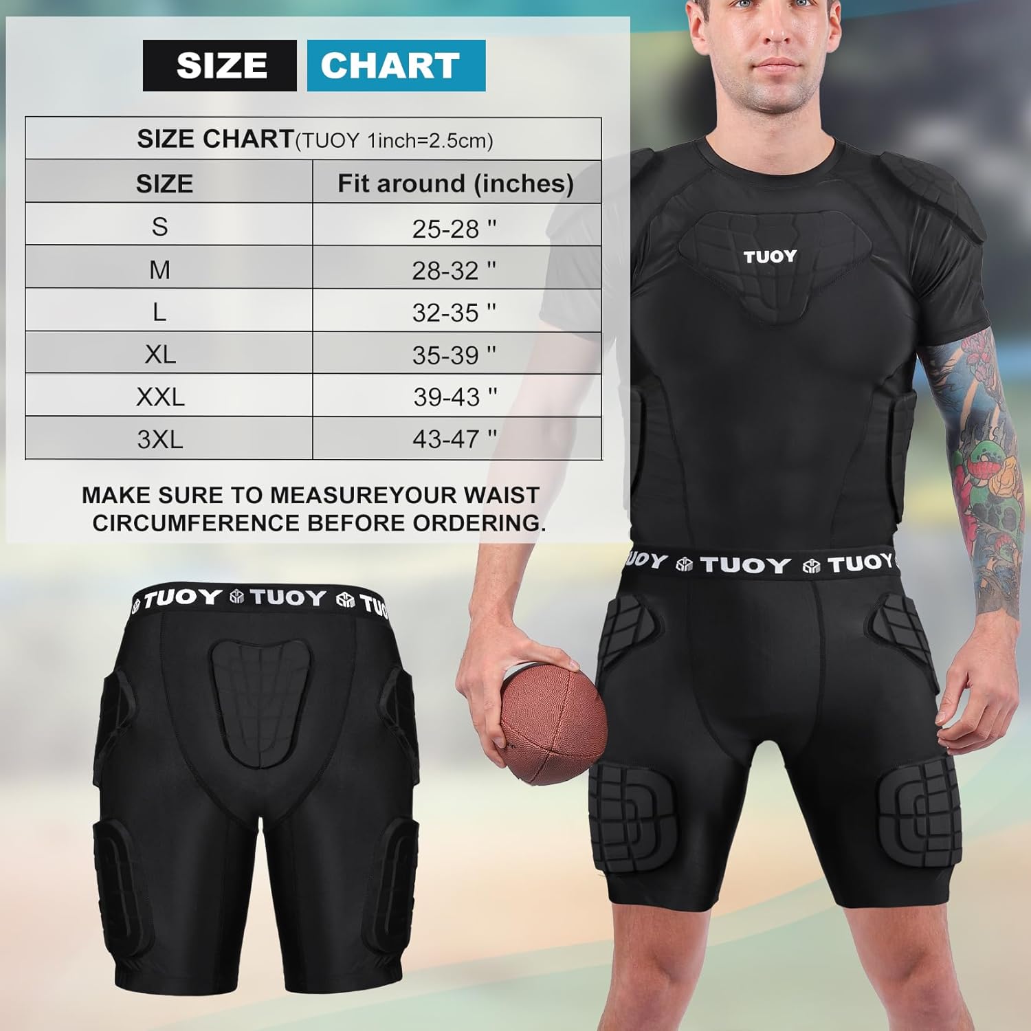 TUOY Adult Padded Compression Shorts 5-Pad Football Girdle Hip Thigh Protector - Image 5