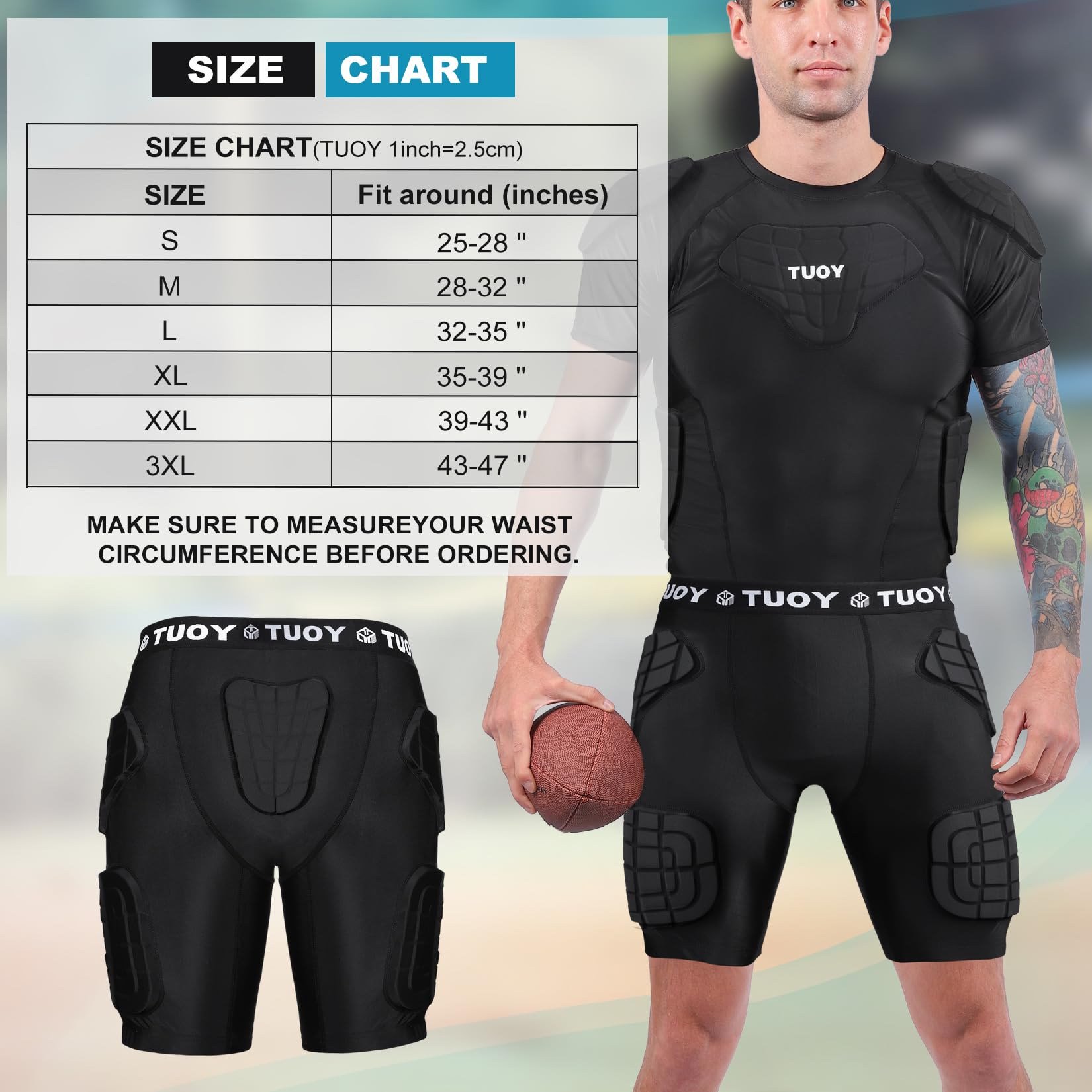 TUOY Gepolsterte Kompressions-Shorts, gepolsterter Fußballgürtel, Hüft- und Oberschenkelschutz für Fußball, Paintball, Basketball, Eislaufen, Rugby, Fußball, Hockey und alle anderen Kontaktsportarten