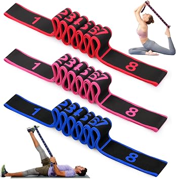 Fitness Resistance Band for Stretching, Yoga, and Pilates, 8-Section Elastic Strap with Clear Markings, Physical Therapy, Full Body Stretching, 3 Pack