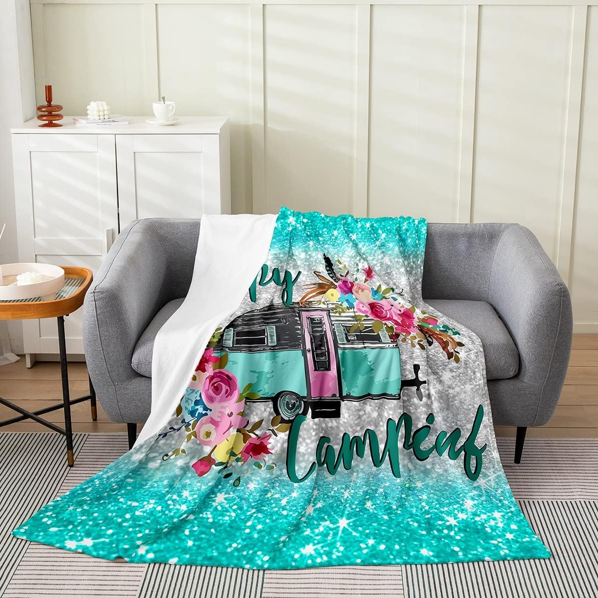 Kids Camper Fleece Throw Blanket Farmhouse Rustic Camping Fuzzy Blanket for Bed Sofa Couch Girls Teal Glitter Print(No Glitter) Floral Flannel Throw Blanket Camper Lover Plush Blanket Queen 90"x90"