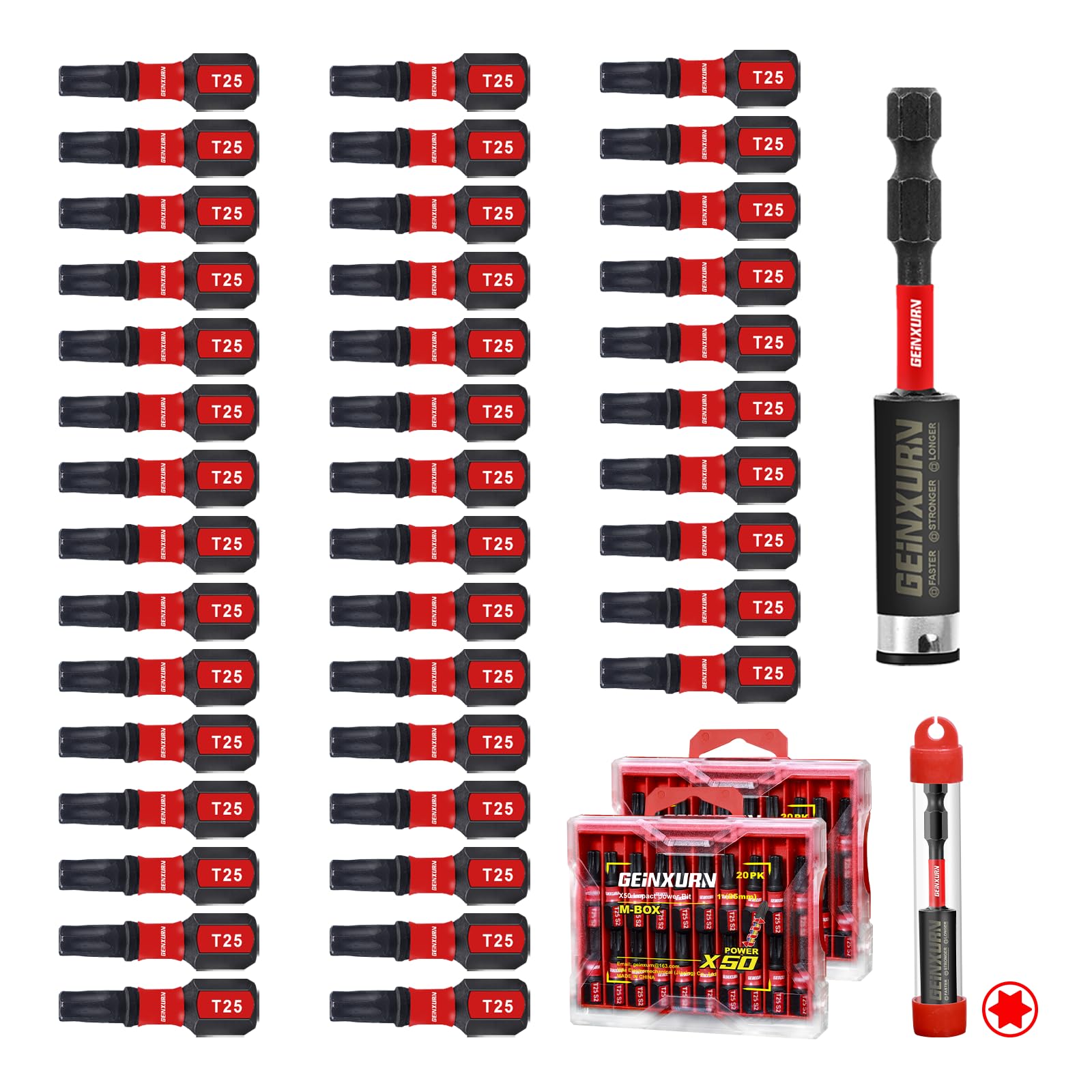Geinxurn 40 Pieces 1 In. T25 Impact Tough Magnetic Screwdriver Bit Set, #25 Torx Head Insert Bits, S2 Alloy Steel Star Bits with 1 Pc Impact Bit