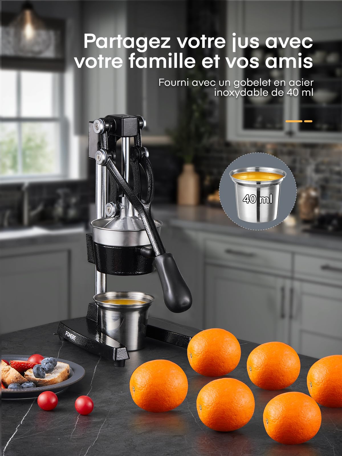 Presse Agrumes Manuel FOHERE, Presse Citron en Fonte, Presse Agrumes Commercial à Main pour Orange, Citron, Grenade, Pamplemousse, Presse Agrumes Facile à Nettoyer avec une Tasse en Acier Inoxydable