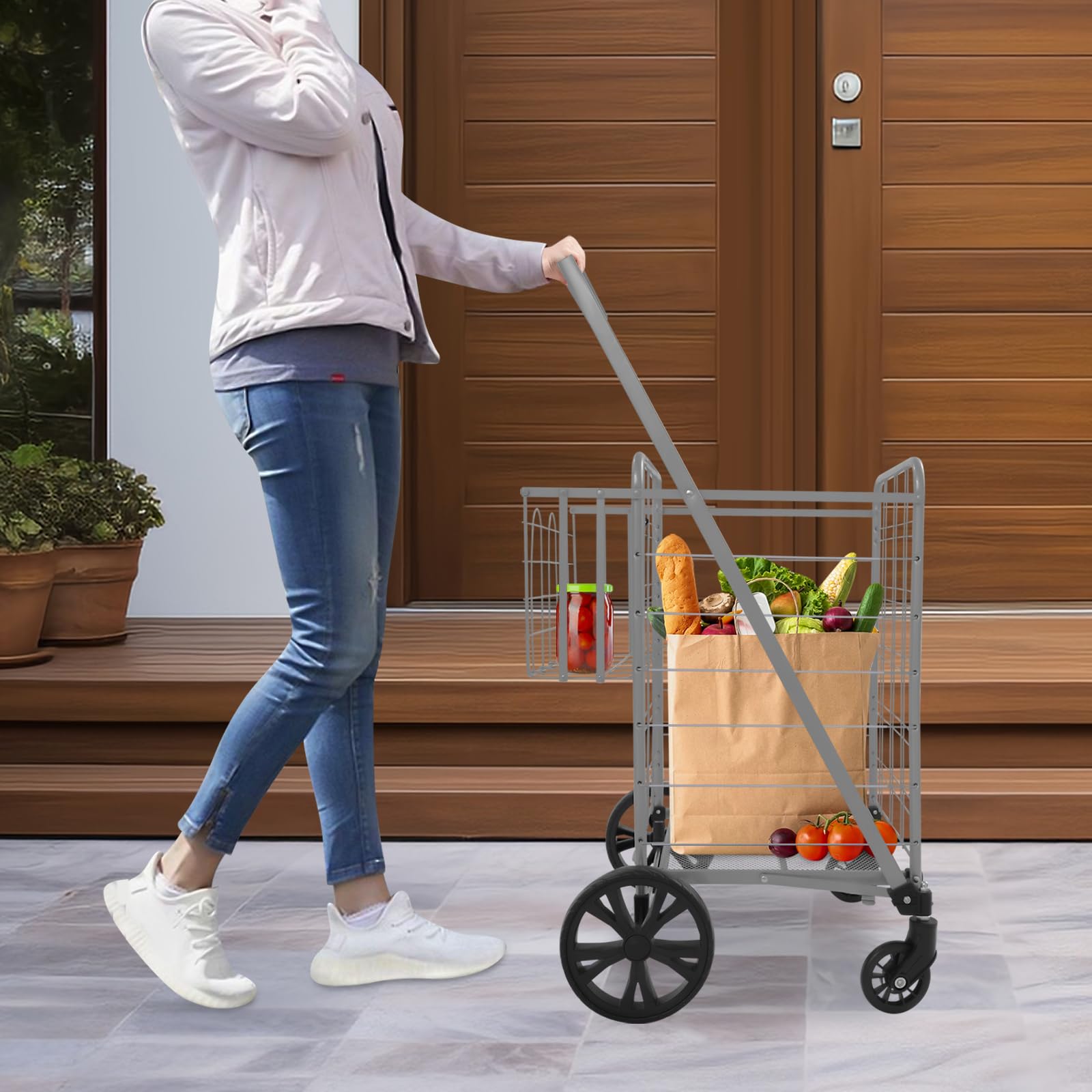 Carrello per la spesa, pieghevole, doppio cestino per la spesa, in ferro, portatile, con ruote fino a 50 kg, per biancheria, shopping, bagagli