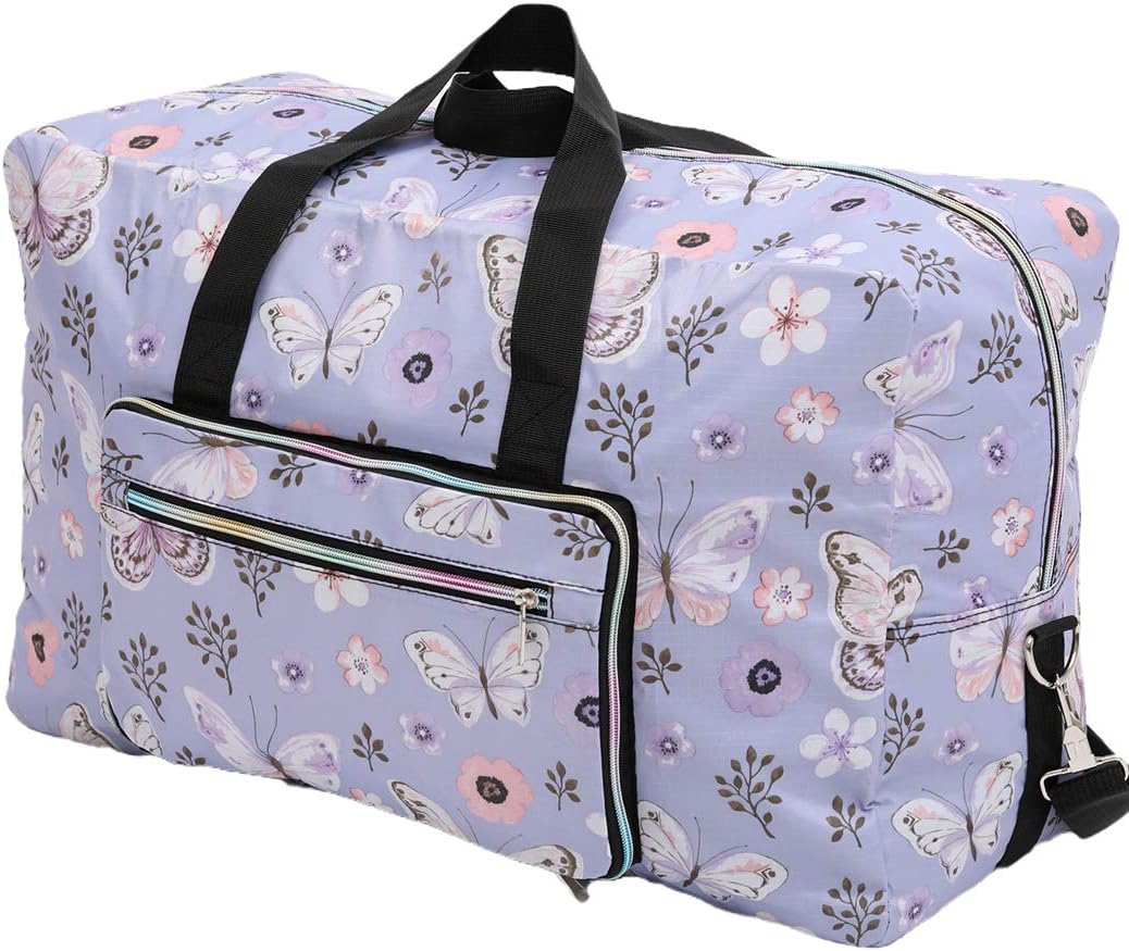 Foldable Travel Duffle Bag for Women Girls Large Cute Floral Weekender Overnight Carry On Bag for Kids Checked Luggage Bag (Blue Butterfly)