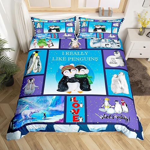 Juego de funda de edredón de pingüinos de dibujos animados para niños, tamaño King, bonito juego de ropa de cama de animales árticos de oso polar,