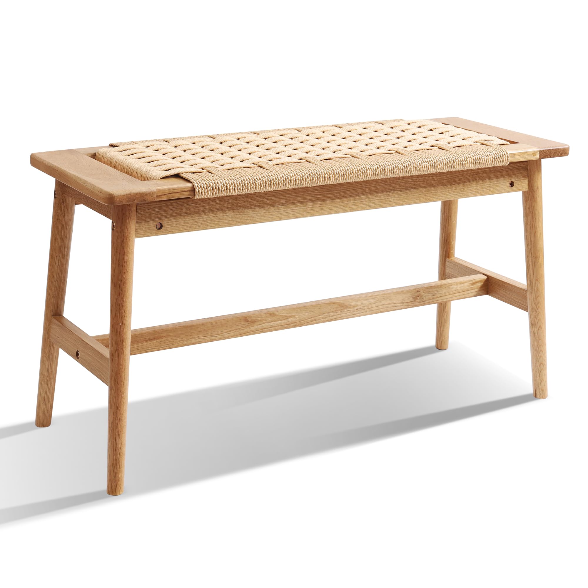OGMILL 33.5" L Wood Dining Bench Indoor, 100% Natural Solid Oak Bed Bench Hand Woven Enterway Bench Small Bench for Dining Room, Bedroom, Kitchen (