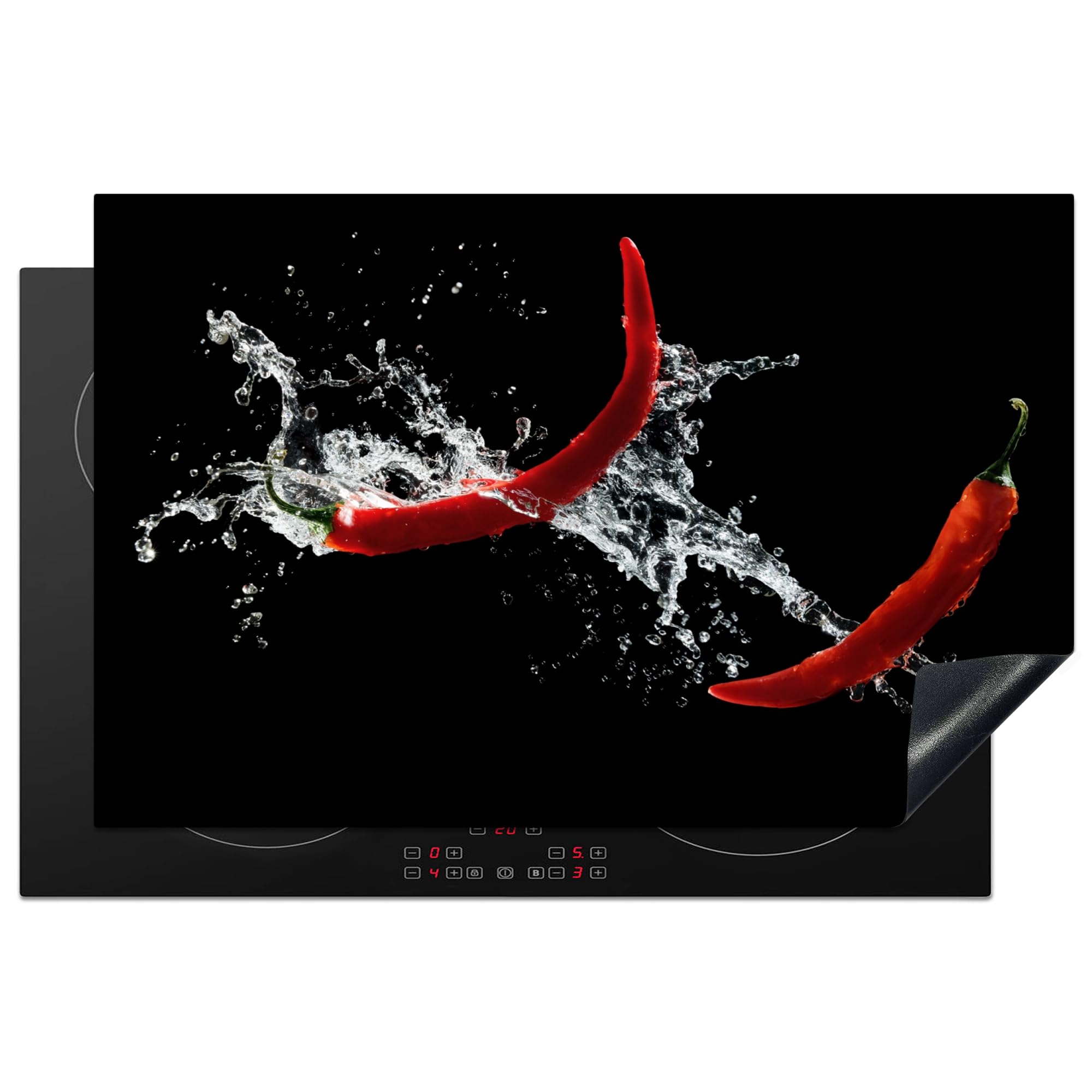KitchenYeah© Herdabdeckplatte Einteilig Herdabdeckung Abdeckplatte für Ceranfeld Abdeckung Induktionskochfeld Aufrollbare Matte Chili - Stilleben - Wasser - Schwarz - Rot - Pfeffer - 80.2x52.2 cm
