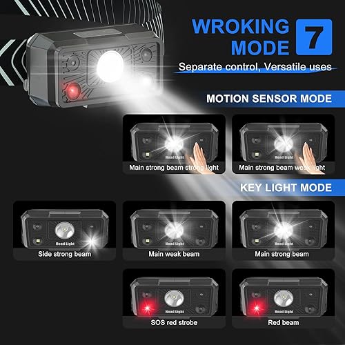 Miniatura 7 de PINSAI Faros delanteros superbrillantes, 7 modos de luz, con sensor de movimiento, LED, recargable, cómoda, para adultos y niños, diadema ligera y