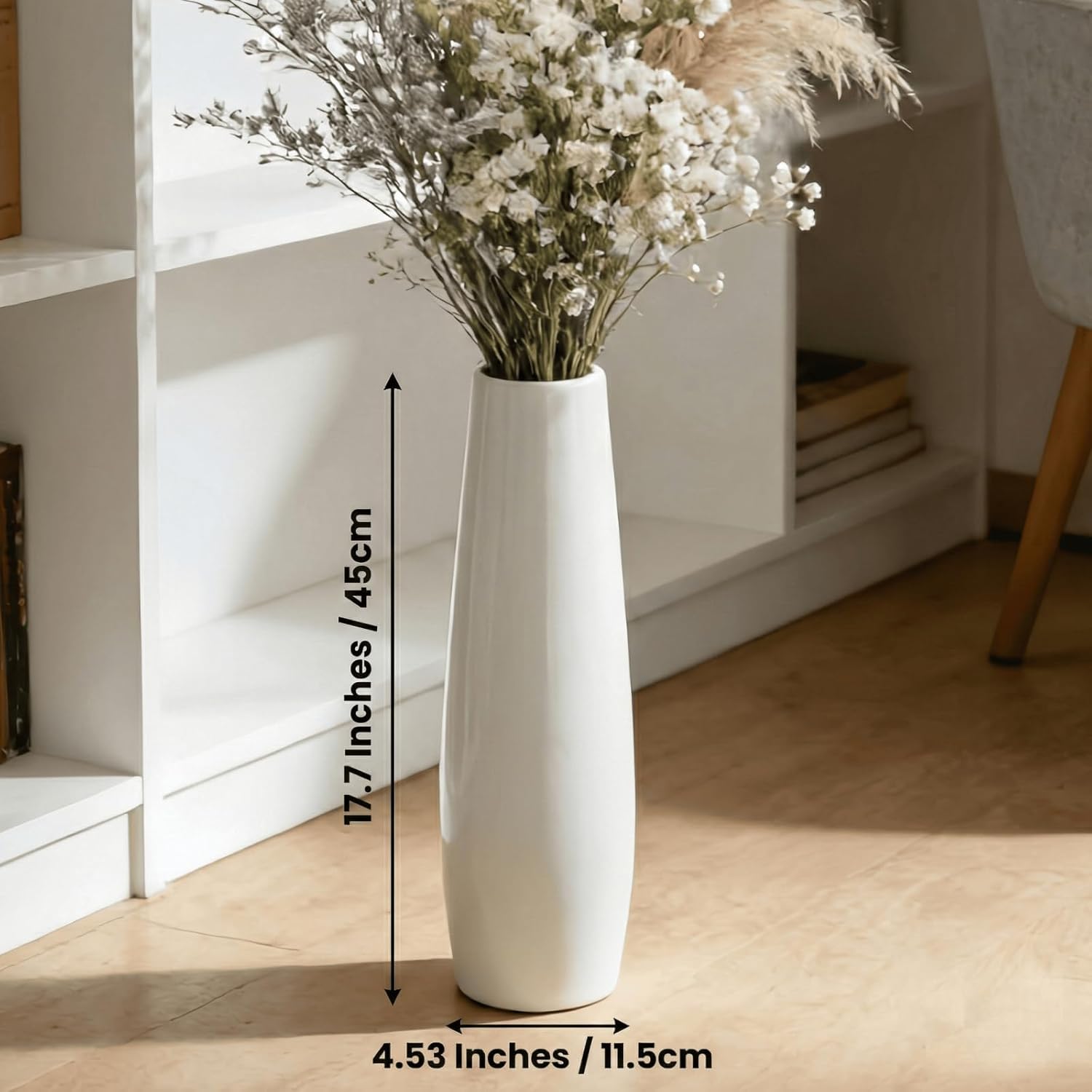 White Ceramic Floor Vase 17.7 Inches Tall Flower Holder Decorative Large Vases for Table Centerpieces Shelf Home Decor Living Room Branches Sky-Dried Flower Arrangement Simple Decorative