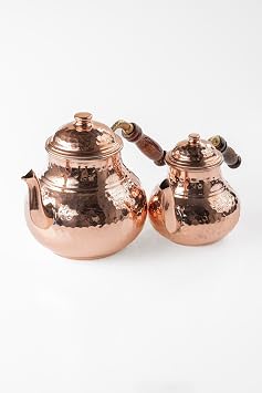 Home Gaziantep El Kabartmalı Bakır Çaydanlık Takımı, 2,6 Lt Toplam Hacim, Alt 14,5cm Üst 10,5cm, Ahşap Kulplu, Ağır Bakır