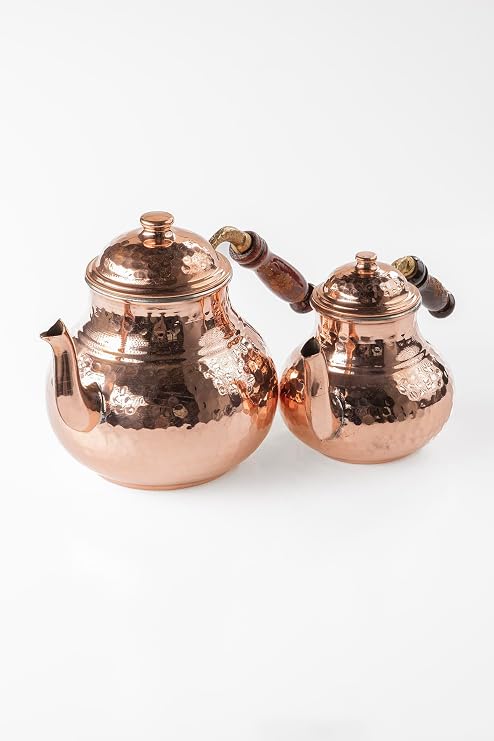 Home Gaziantep El Kabartmalı Bakır Çaydanlık Takımı, 2,6 Lt Toplam Hacim, Alt 14,5cm Üst 10,5cm, Ahşap Kulplu, Ağır Bakır