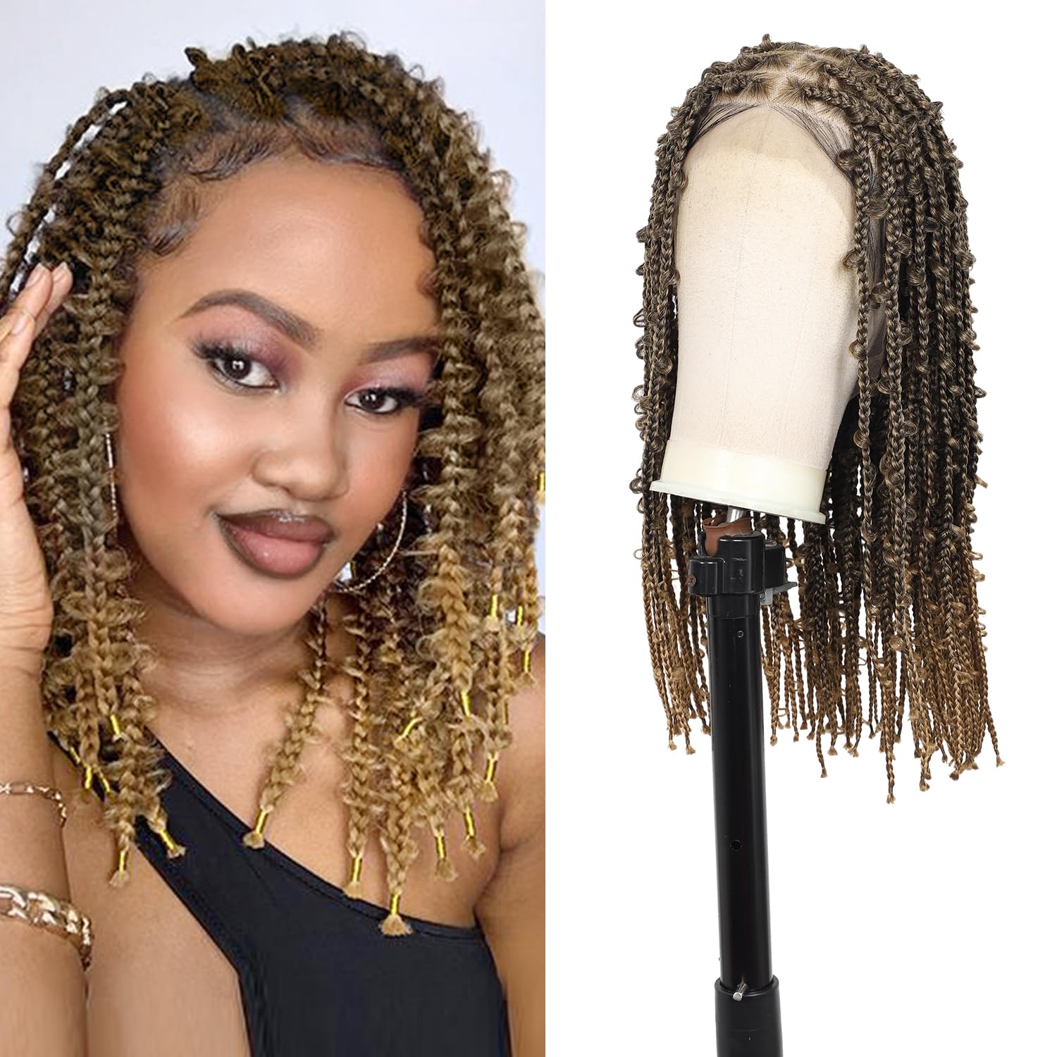 Lexqui 18" 360° HD Full Lace Braided Wigs for Women Short Knotless Butterfly Box Braid Wig with Baby Hair Premium Synthetic Lace Frontal Braid Wig Shoulder Length Braided Lace Front Wigs Light Brown