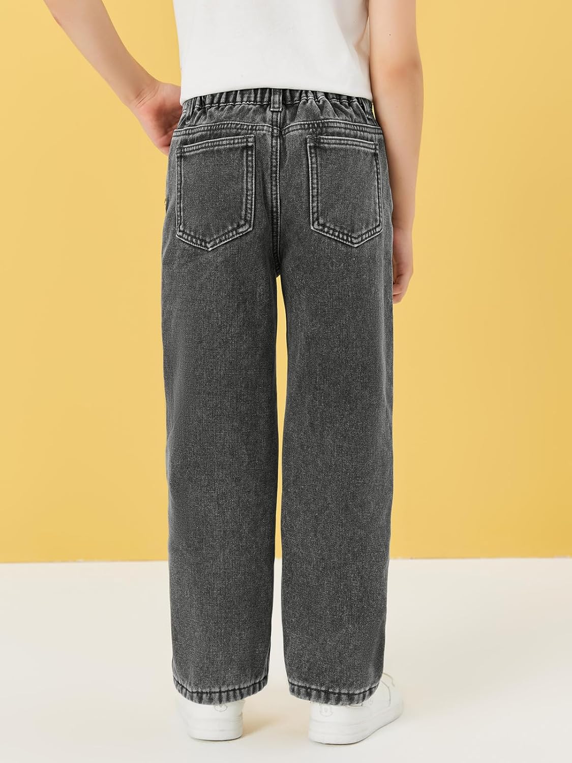 Haloumoning Boy's Thermal Fleece Lined Jeans Kids Elastic Waist Straight Leg Denim Pants with Pockets - Image 3