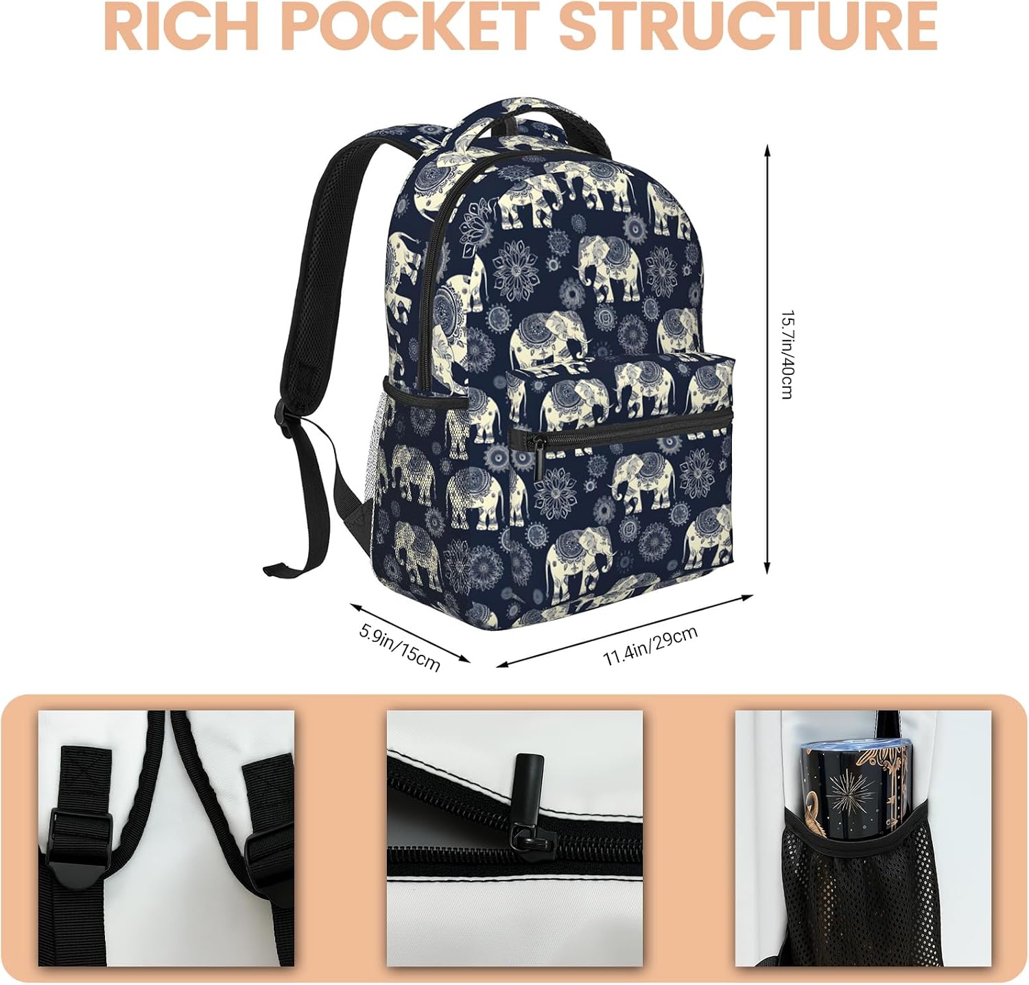 Retro Elephant Mandala Backpack with Cushioned Straps for Laptop Tablet,11.4×5.9×15.7in,Floral Animal Back Pack for Travel School,Boho Multi-Pocket Storage Bookbag,Ideal Gifts for Teens Adults image 5