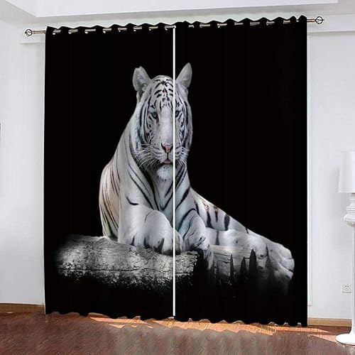Cortinas opacas 3D de tigre blanco, cortinas impresas en 3D de animales negros oscuros, 2 paneles de cortinas de ventana, cortinas de oscurecimiento