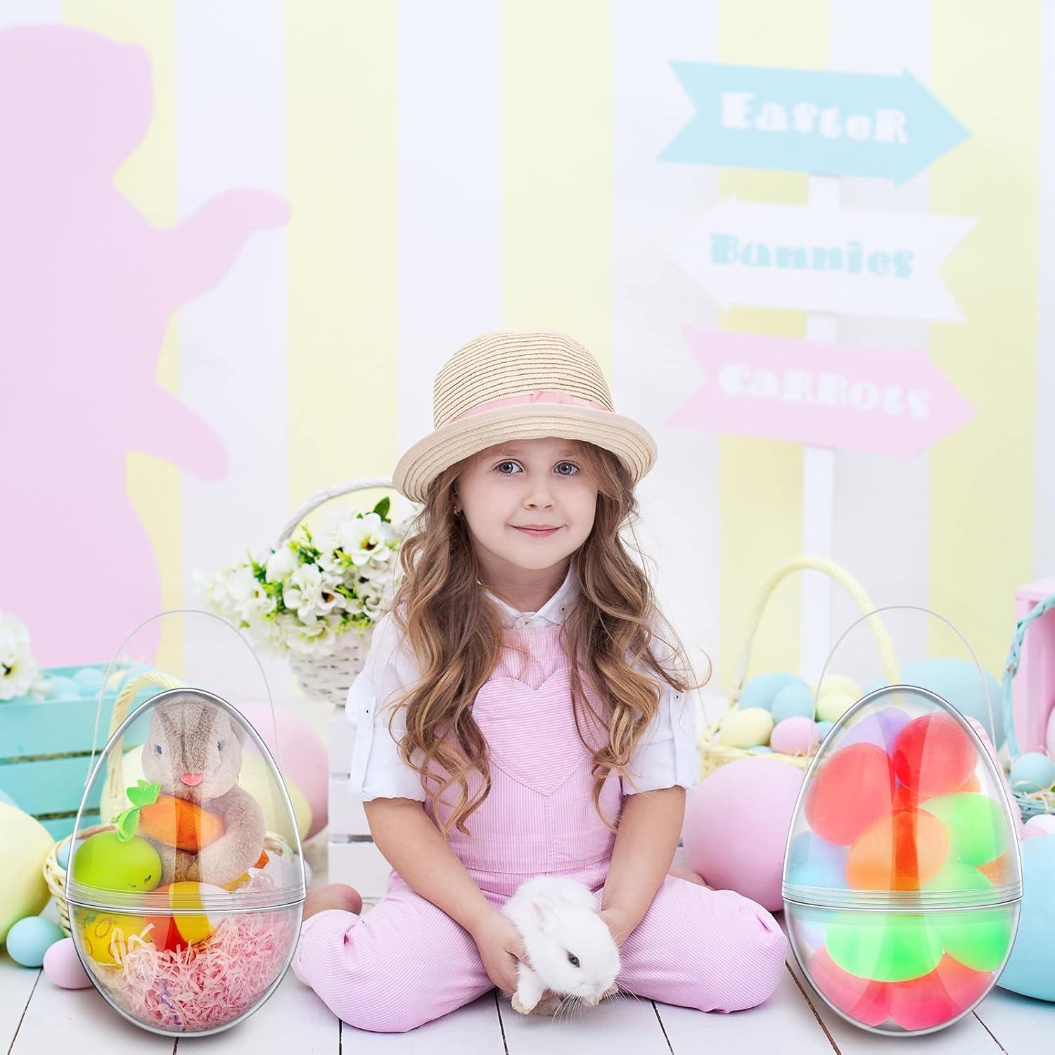 Funtery 8 Pcs Jumbo Easter Eggs 10 Inch Plastic Giant Easter Eggs with Handles, Clear Large Baskets Fillable Big Bunny Egg Shaped Baskets Containers Decoration (Transparent)