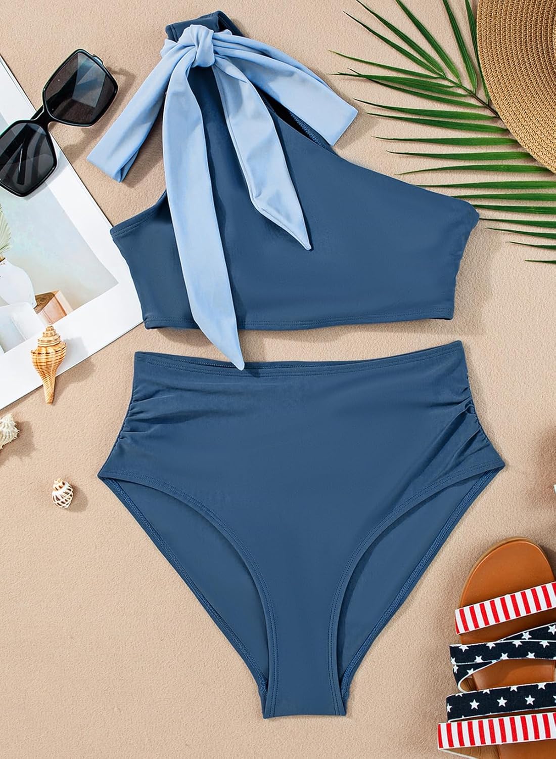 Herseas Women's One Bow Shoulder Bikini Sets 2 Piece Ruched Swimsuit Elegant Bathing Suit - Image 4