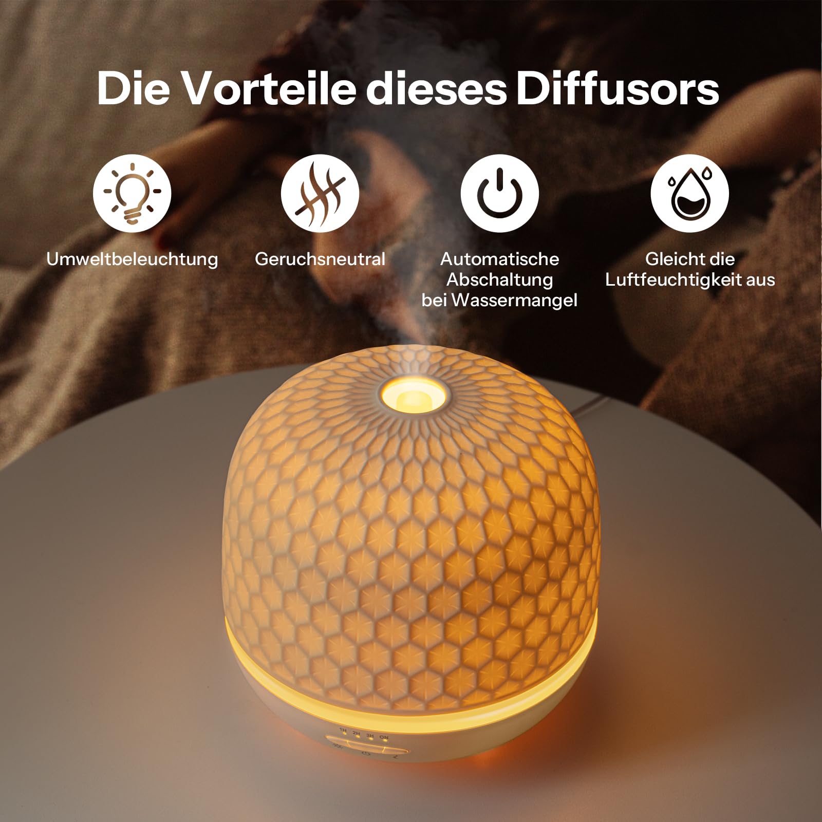 Aroma Diffuser - 500ml Keramik Premium Ultraschall Luftbefeuchter Diffusor für Ätherische Öle Timer-Einstellung & Orange Nachtlicht BPA-Frei Diffuser für Schlafzimmer Wohnzimmer Büro Yoga（Textur）