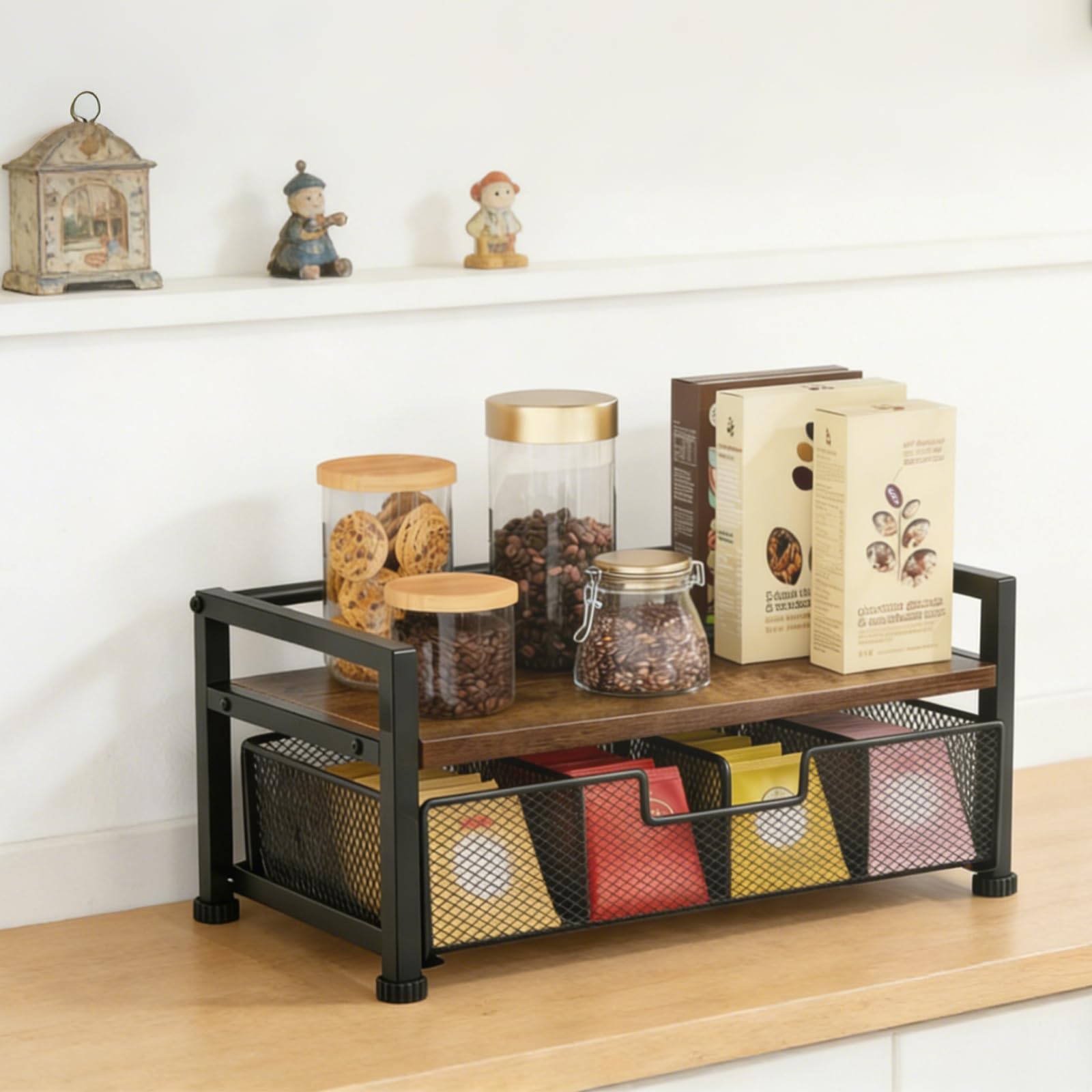Cajón Porta Bolsitas de Té, Caja Infusiones de Madera con Cajón Metal, 33x20x15.8cm Organizador de Estación de Café y Té con 8 Compartimentos para Hogar, Oficina, Cocina