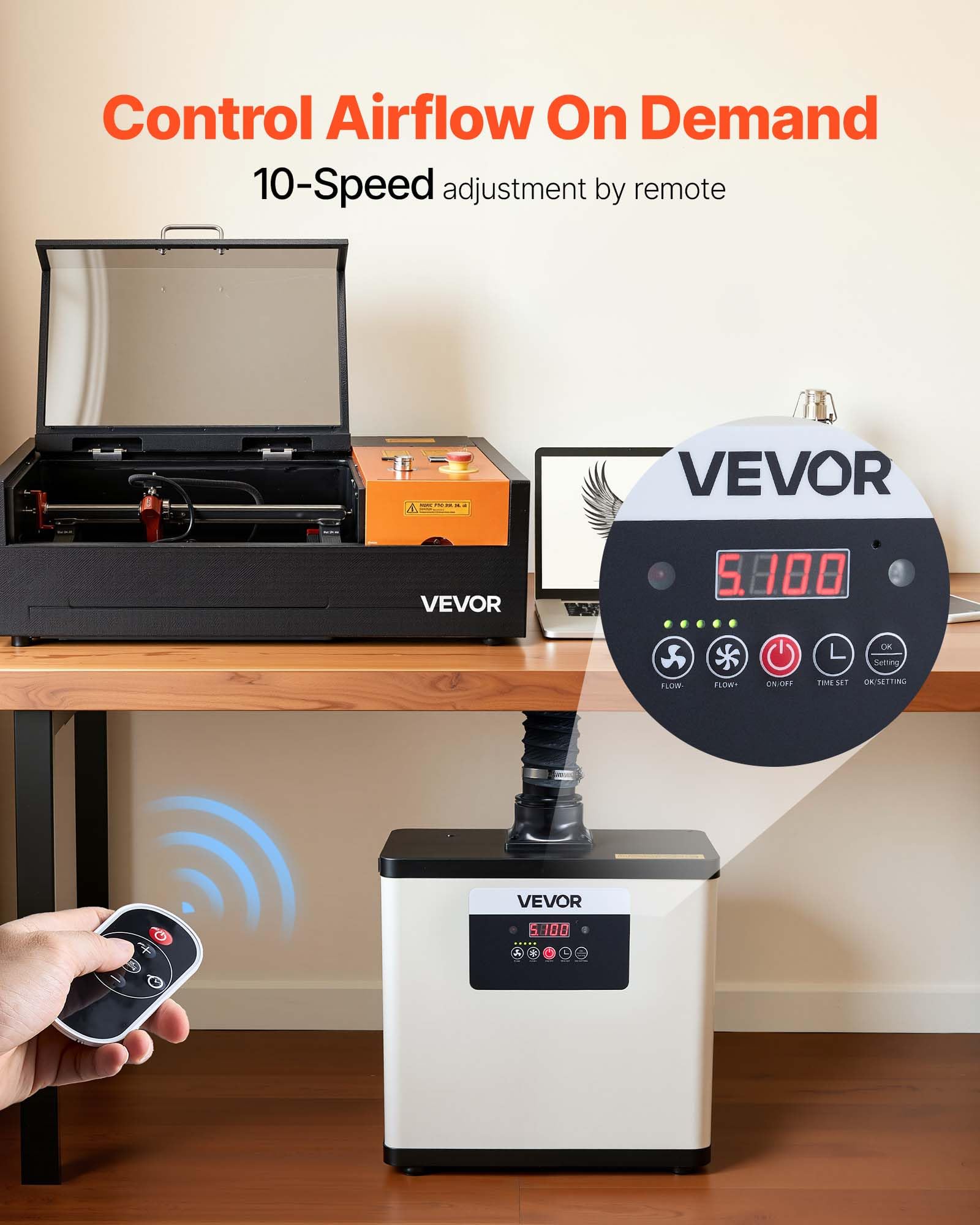 VEVOR Extractor de Humos de Soldadura 145 W Flujo de Aire de 510 m³/h, Absorbedor de Humos de Soldadura con Motor sin Escobillas, 10 Velocidades, Control Remoto, para Grabado Láser, Impresión 3D